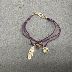 Triple Braided Charm Bracelet 7 In Purple Cord Silver Feather Heart Love Dangles